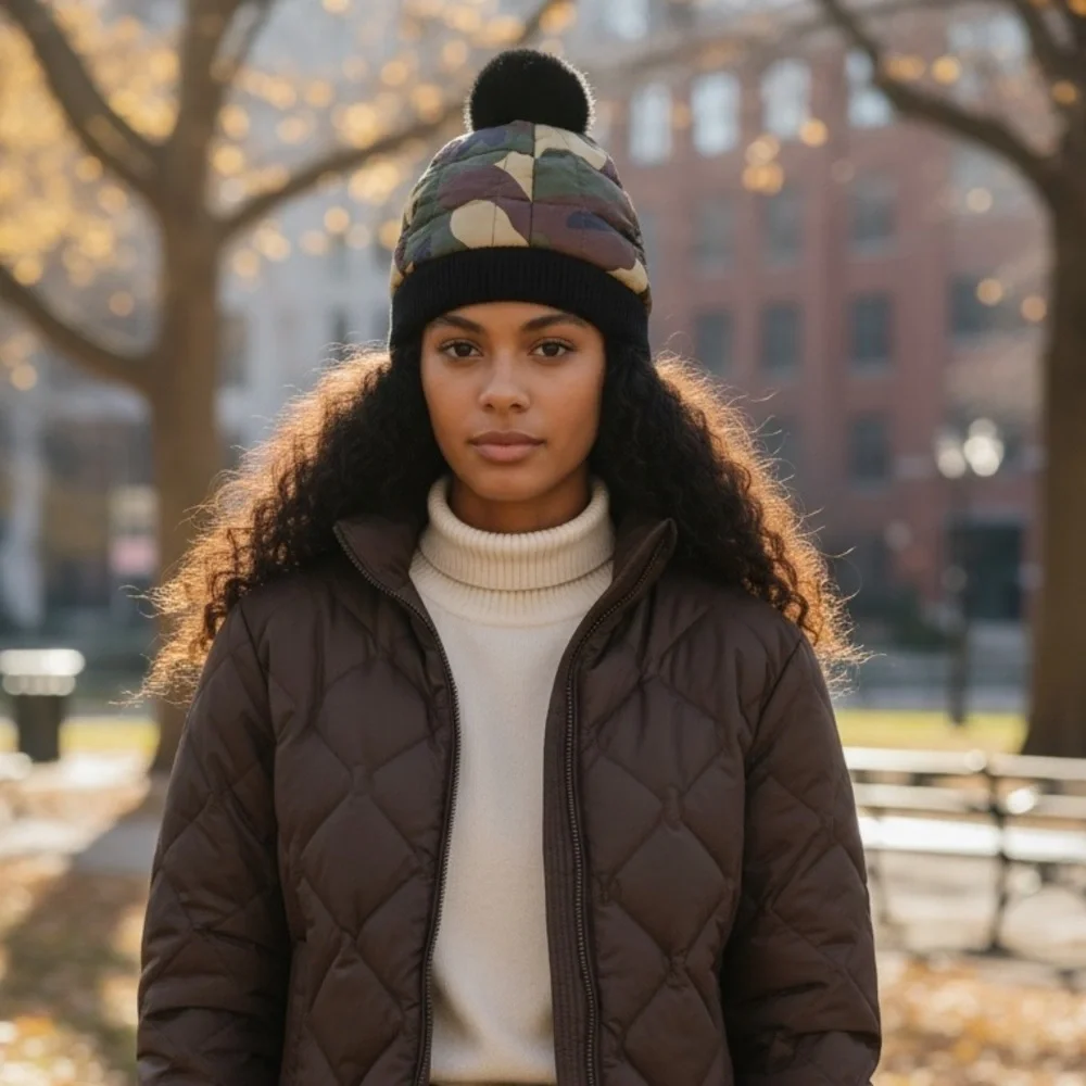 CAMO PADDED BEANIE WITH POM POM